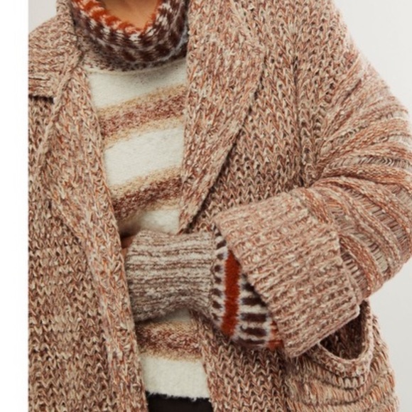 Free People Maxi Marl Cardi Knit Patch Pockets Exaggerated Sleeves Tan Mushroom - Picture 3 of 6